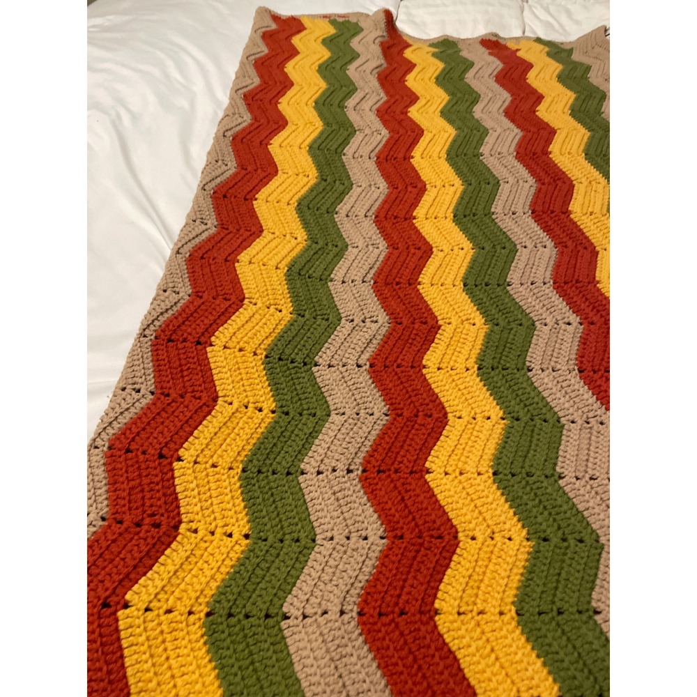 Vintage Handmade Crochet Chevron Afghan Blanket Zig Zag Orange Yellow Green Tan
